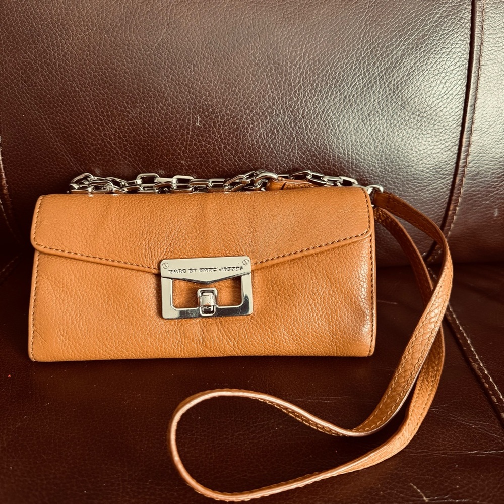 Marc Jacobs Tan Leather Wristlet with Silver Chain